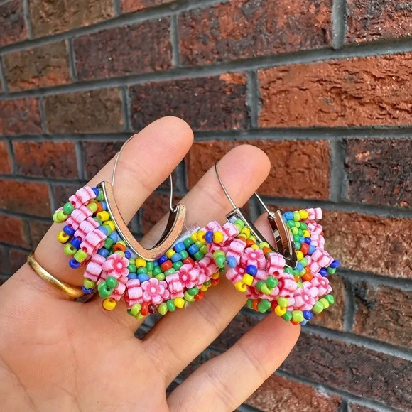 Anthropologie Multi Colored Beaded Hoop Earrings - Picture 10 of 11